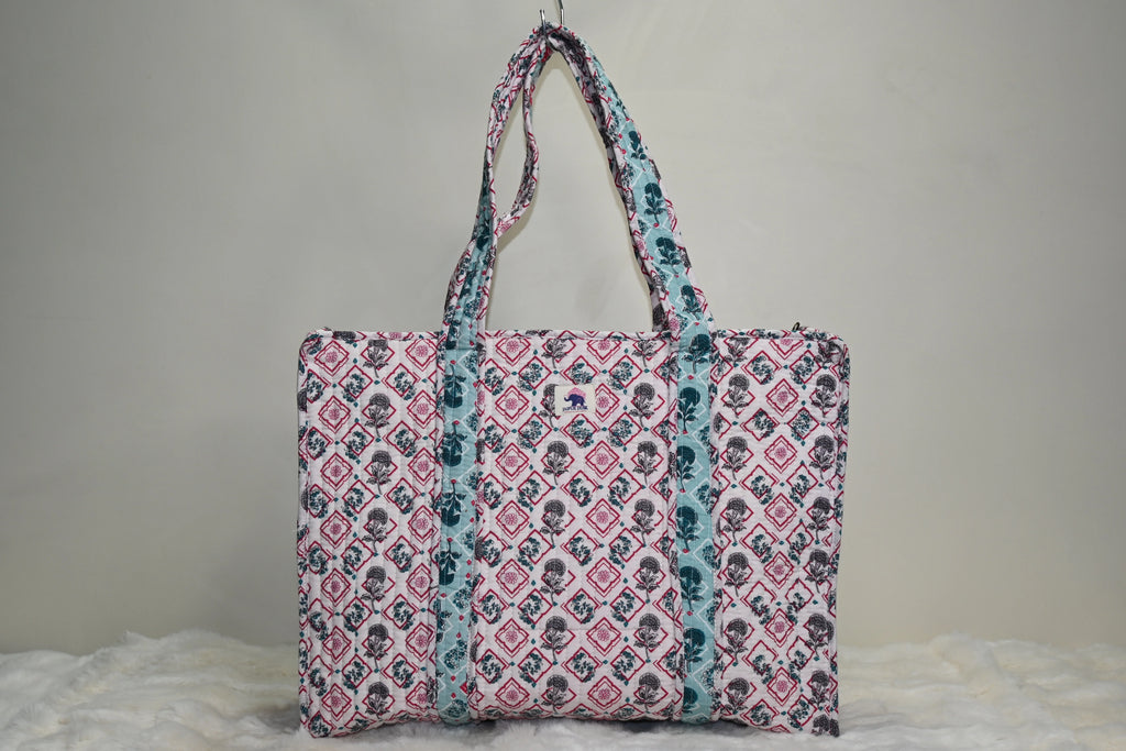 Aqua Blossom Quilted Zipper Tote Bag
