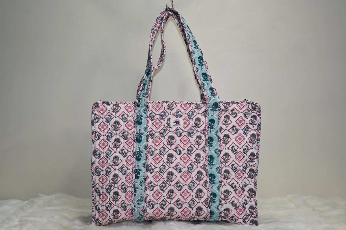 Aqua Blossom Quilted Zipper Tote Bag