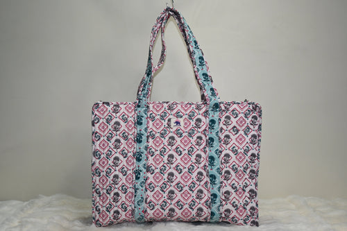 Aqua Blossom Quilted Zipper Tote Bag