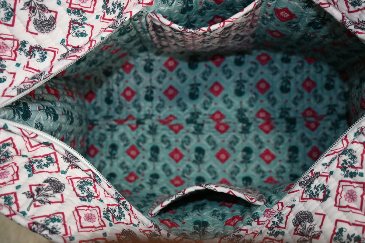 Aqua Blossom Quilted Zipper Tote Bag