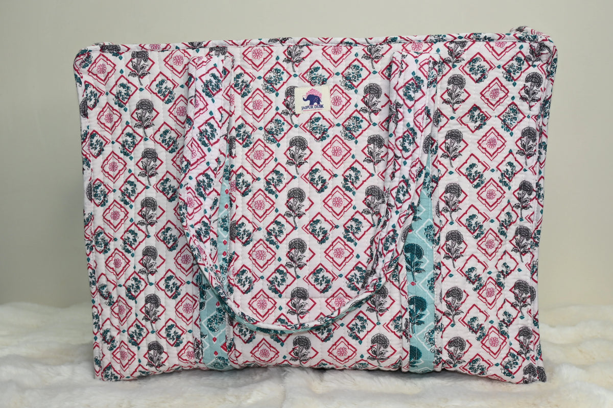 Aqua Blossom Quilted Zipper Tote Bag