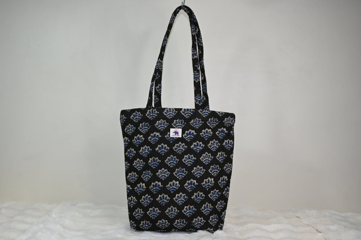 Black Petal Quilted Zipper Mini Tote Bag