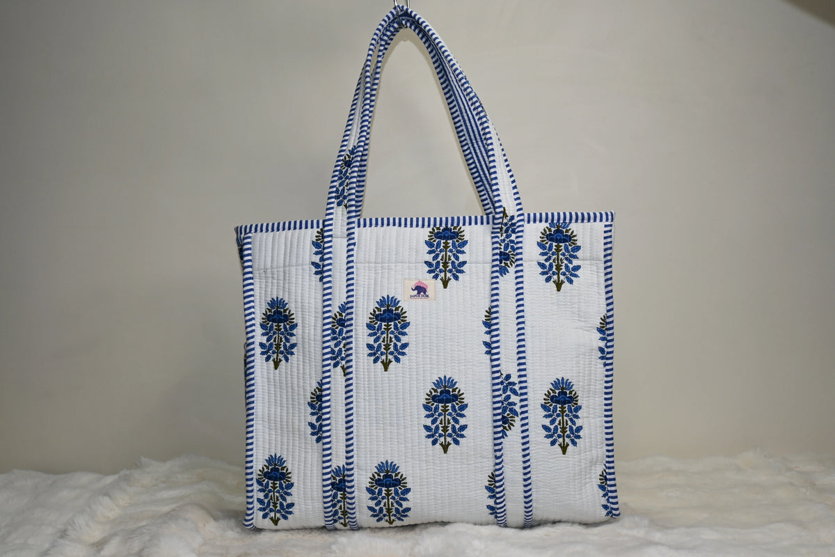 Blue Buta Block Print Quilted Tote Bag