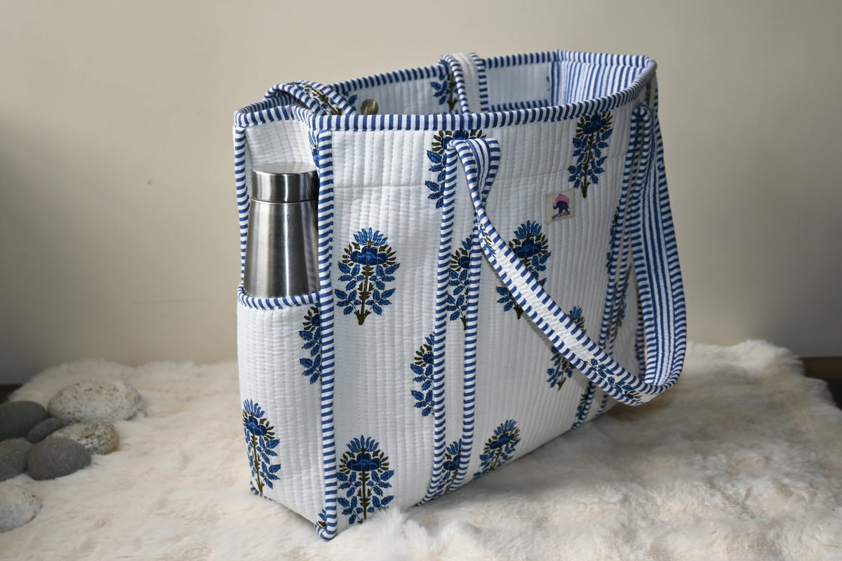 Blue Buta Block Print Quilted Tote Bag