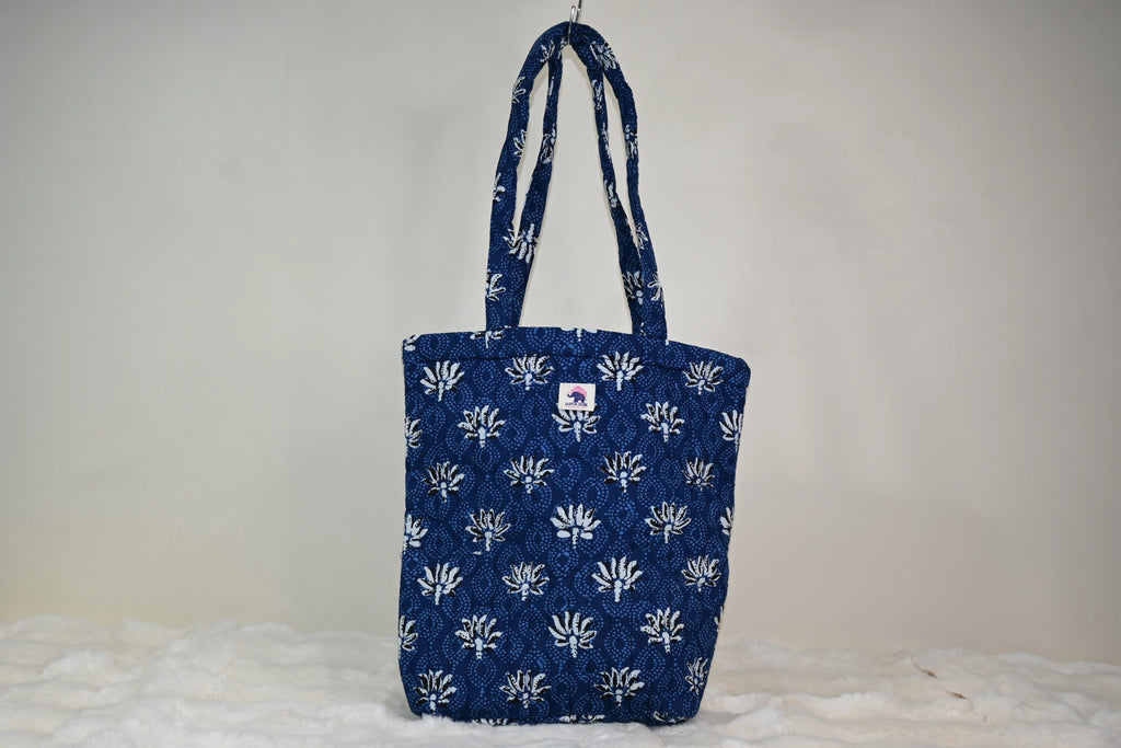 Blue Lotus Quilted Zipper Mini Tote Bag