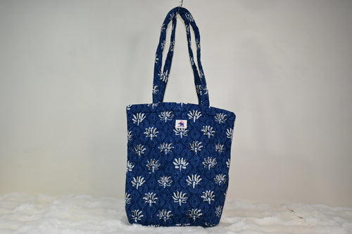 Blue Lotus Quilted Zipper Mini Tote Bag