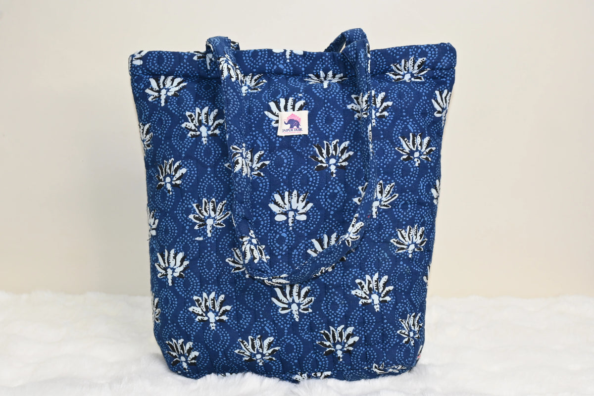 Blue Lotus Quilted Zipper Mini Tote Bag