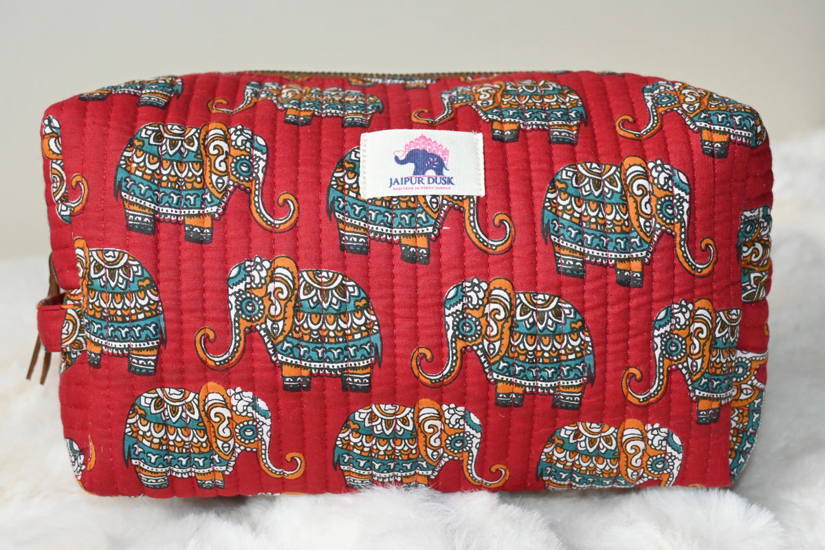 Elephant Print Quilted Makeup Travel Pouch