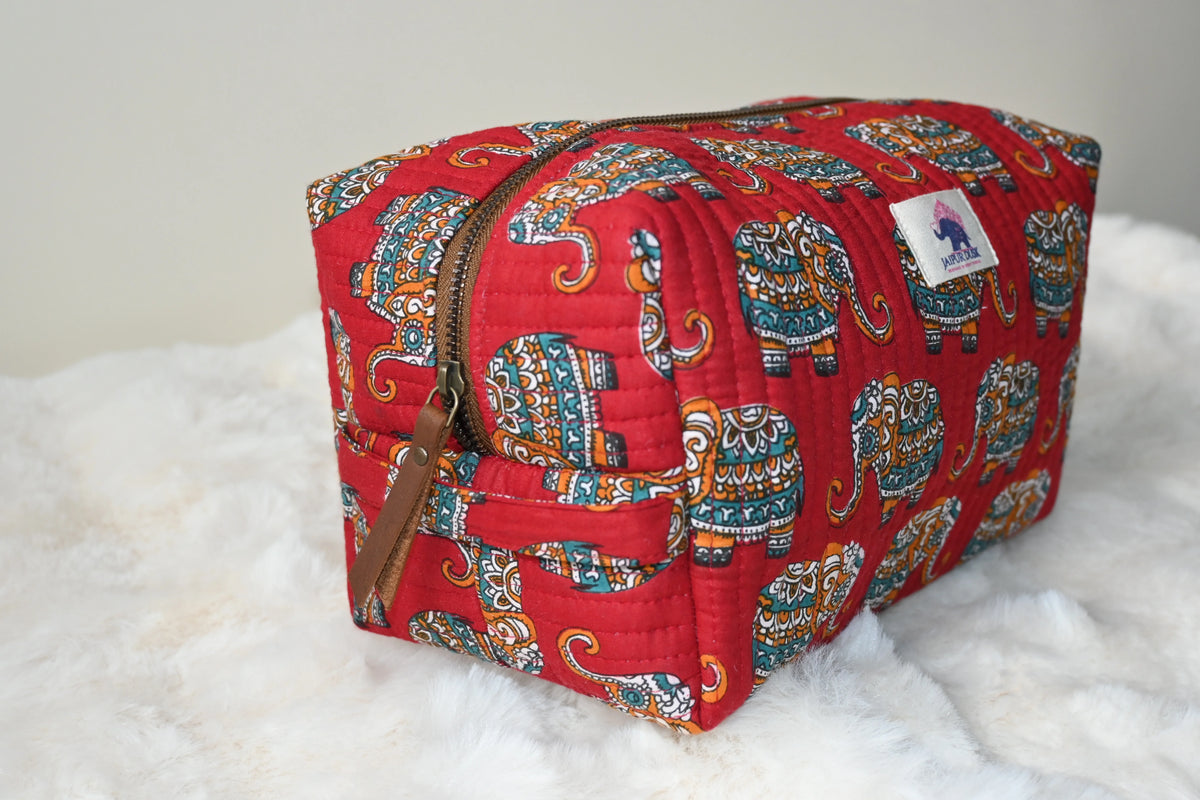 Elephant Print Quilted Makeup Travel Pouch