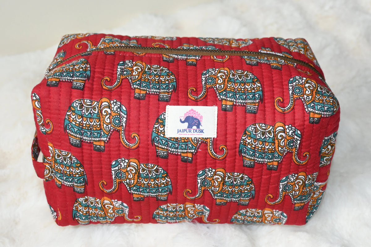Elephant Print Quilted Makeup Travel Pouch