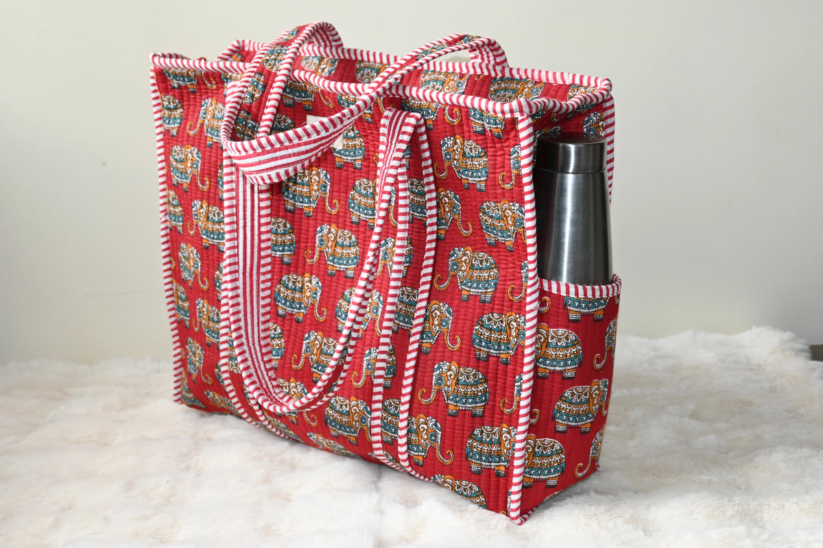 Elephant Print Quilted Zipper Tote Bag