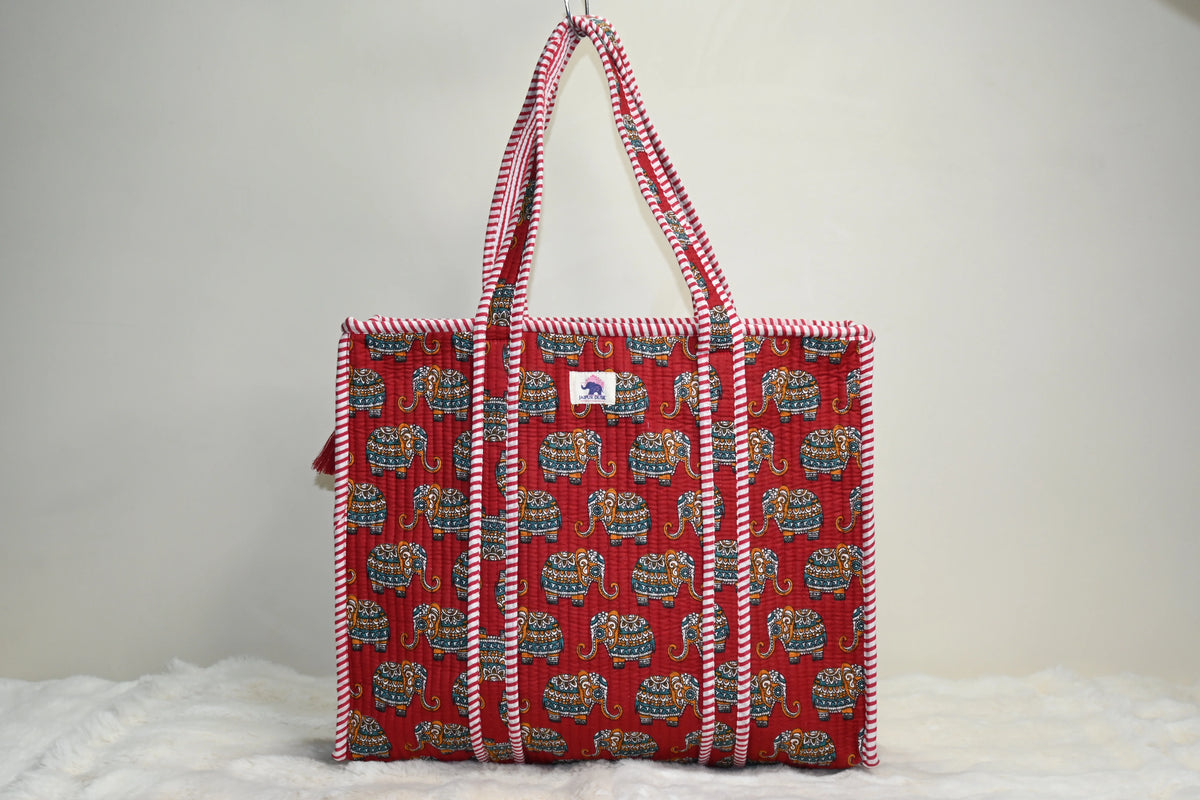 Elephant Print Quilted Zipper Tote Bag