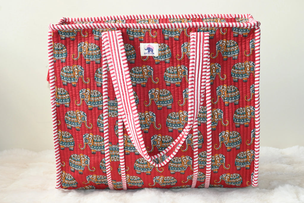 Elephant Print Quilted Zipper Tote Bag