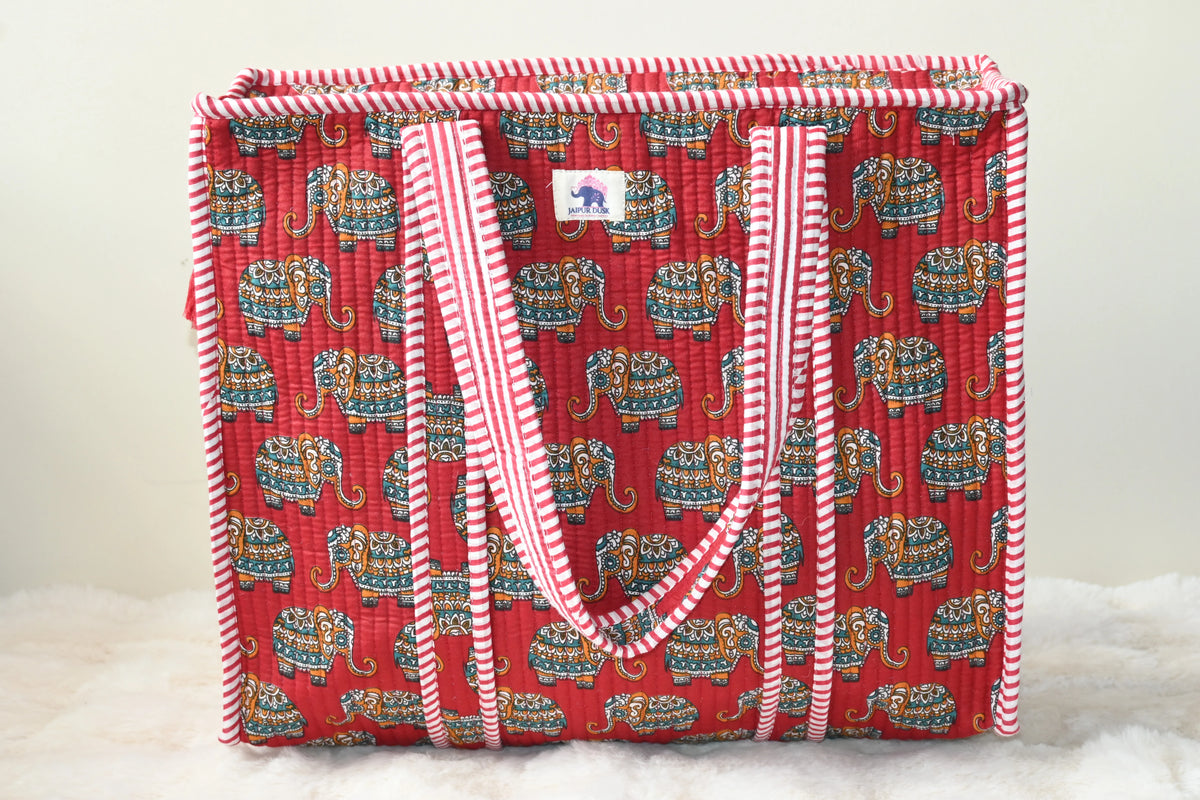 Elephant Print Quilted Zipper Tote Bag