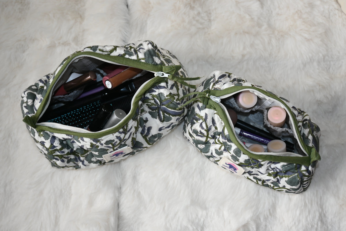 Green Flora Quilted Travel Pouch Combo