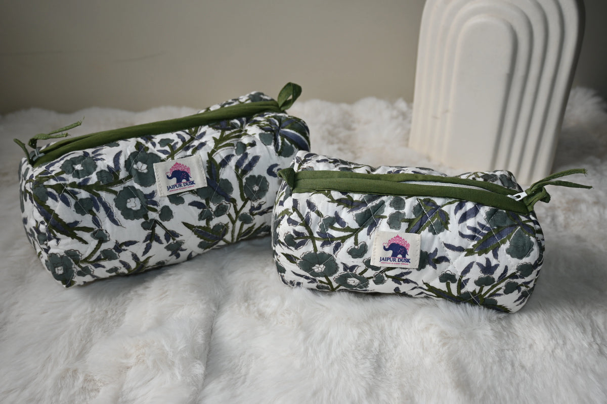 Green Flora Quilted Travel Pouch Combo
