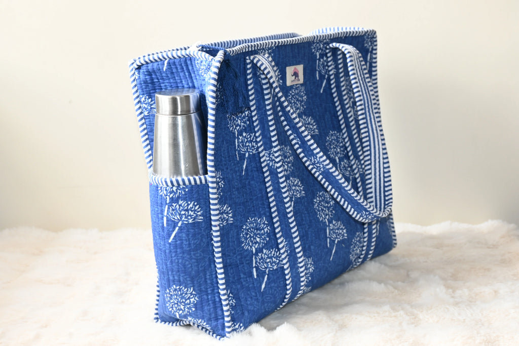 Indigo Bloom Quilted Zipper Tote Bag