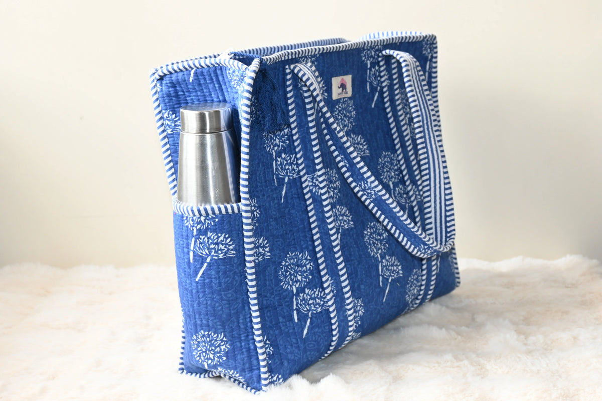 Indigo Bloom Quilted Zipper Tote Bag