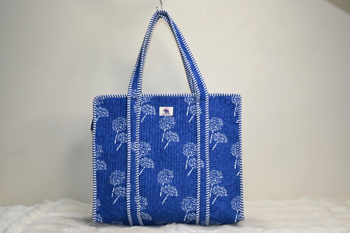 Indigo Bloom Quilted Zipper Tote Bag