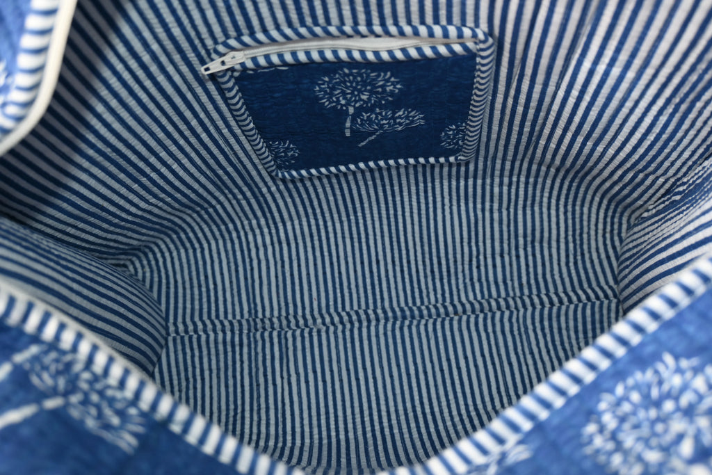 Indigo Bloom Quilted Zipper Tote Bag