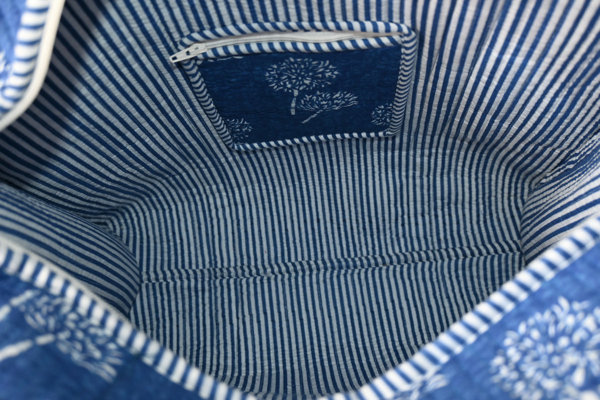 Indigo Bloom Quilted Zipper Tote Bag