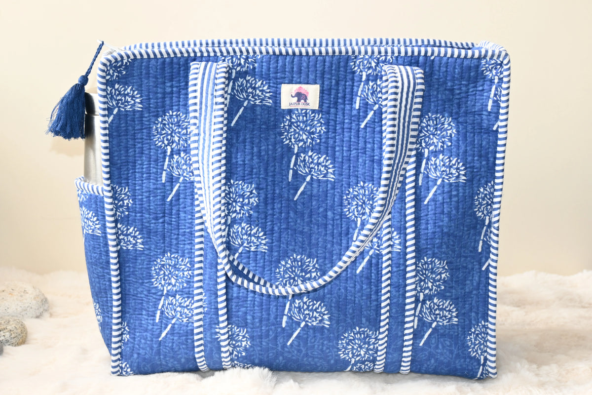 Indigo Bloom Quilted Zipper Tote Bag