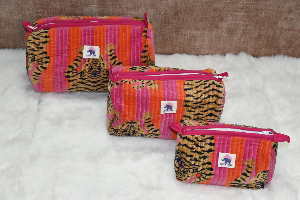 Leopard Orange Strap Travel Pouch Combo