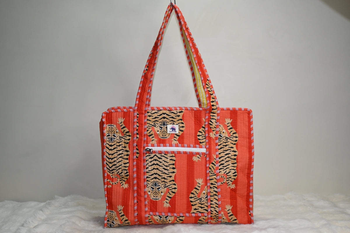 Leopard Orange Stripe Quilted Zipper Tote Bag