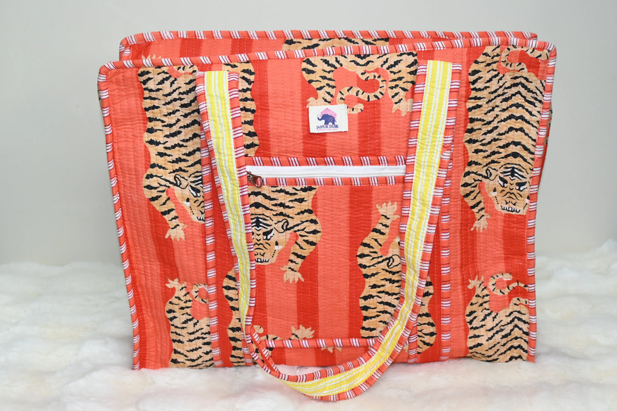 Leopard Orange Stripe Quilted Zipper Tote Bag