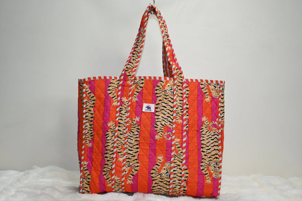 Leopard Pink Stripe Quilted Zipper Tote Bag