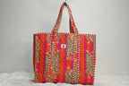 Leopard Pink Stripe Quilted Zipper Tote Bag