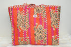 Leopard Pink Stripe Quilted Zipper Tote Bag