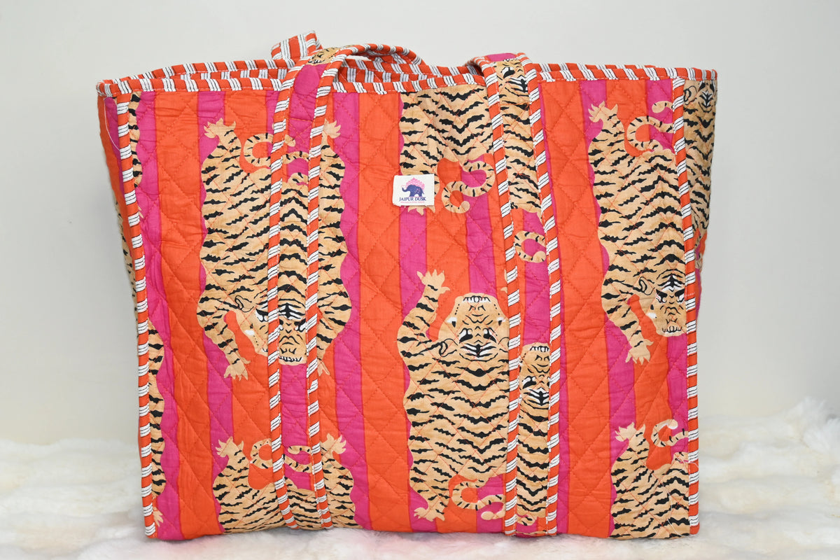 Leopard Pink Stripe Quilted Zipper Tote Bag