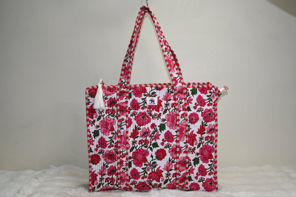 Pink Blossom Quilted Zipper Tote Bag
