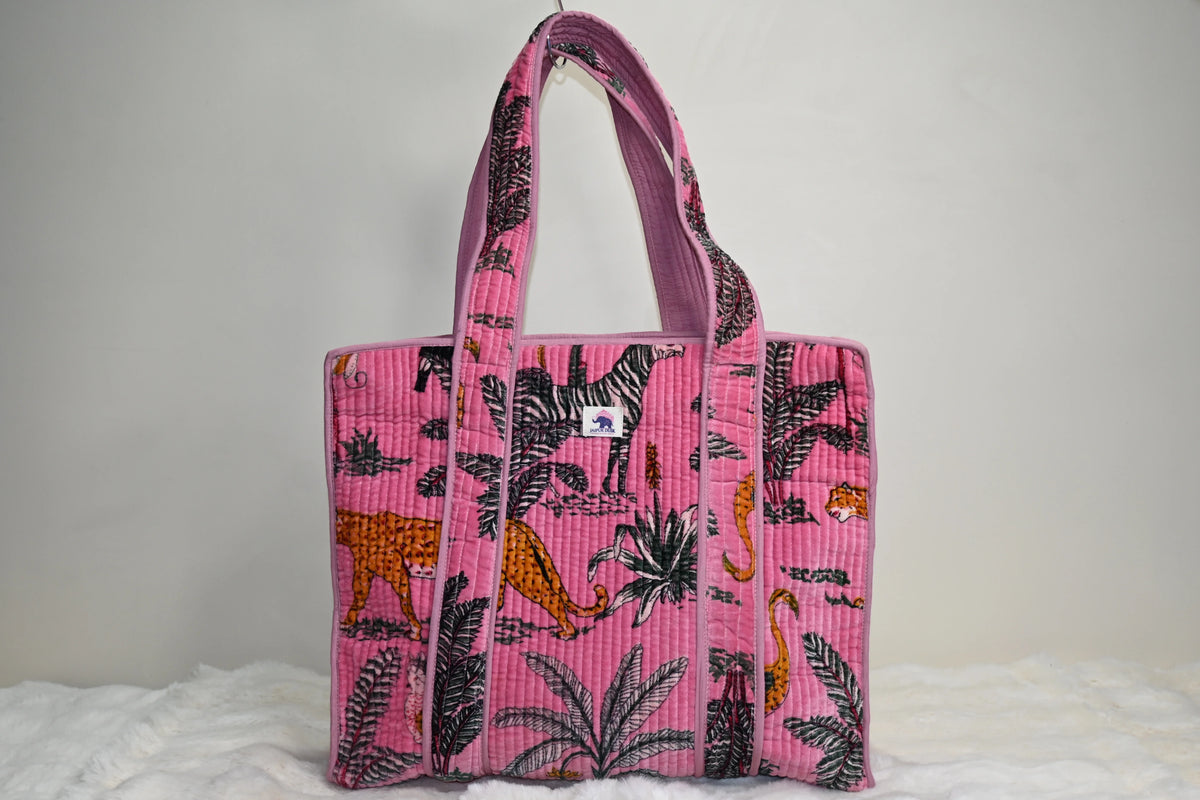 Pink Jungle Safari Quilted Zipper Tote Bag