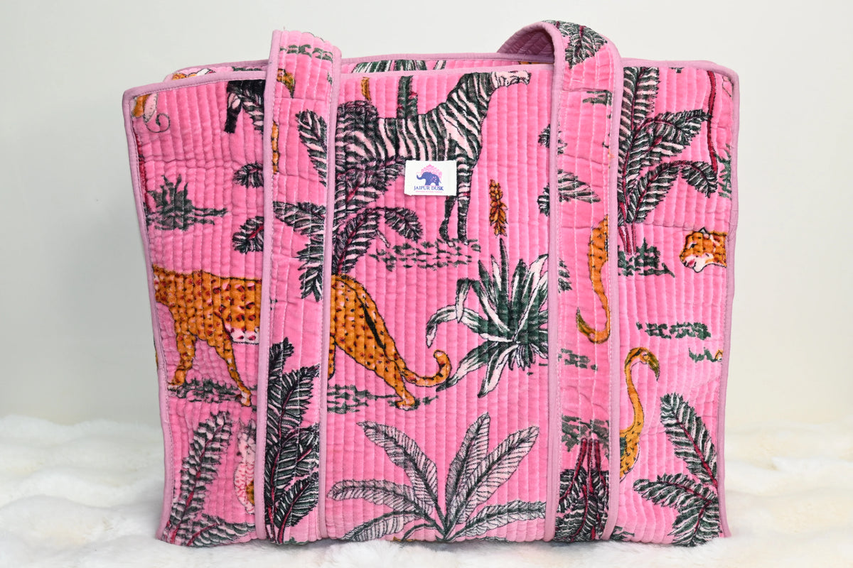 Pink Jungle Safari Quilted Zipper Tote Bag