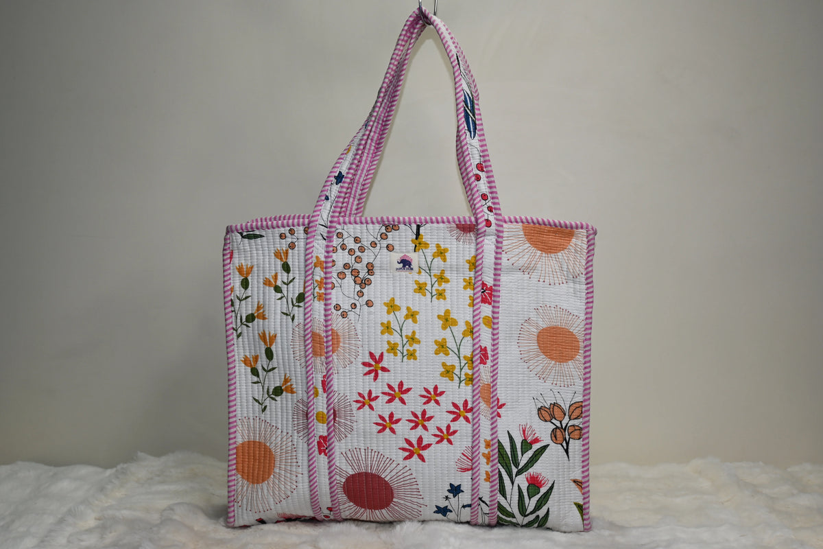 Wine Flower Quilted Zipper Tote Bag